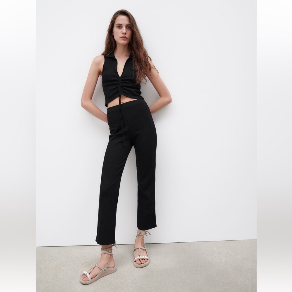 ZARA Black Rib Knit Polo Ruched Sleeveless Crop Top + Ribbed Flared  Pants